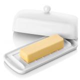 Nucookery Porcelain Butter Dish - Clean Table Design - Ceramic Butter Dishes with Lid for Countertop with Raised Non-Slip Strip - Holds 1 Standard Butter Stick - Easy to Clean & Dishwasher Safe. White