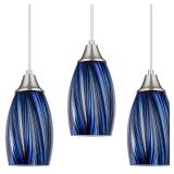 karyfine Dark Blue Glass Mini Pendant Lights for Kitchen Island 3Pack Blown Art Glass Pendant Lighting Shade Hanging Pendant Lights with Brushed Nickel Finish for Kitchen Over Sink,Dining Room - Retai