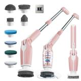 Leebein Electric Spin Scrubber, 2024 New Electric Scrubber with 4 Adjustable Angles and 8 Brush Heads, Shower Scrubber with Long Handle & Remote Control, Cleaning Brush for Bathroom, Tub, Floor (Pink)