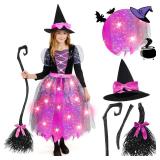 Spooktacular Creations Witch Costume Kids, Light Up Halloween Costumes Witch Dress with Hat and Broom for Girls, Sweet Wizard Set for Toddler Scayr Halloween Themed Parties, Pink, 3T