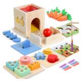 Asweets 8 in 1 Montessori Toys Includes Object Permanence Box Montessori Coin Box Carrot Harvest Game Matchstick Color Drop Game Ball Drop Learning Toys