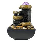 JOYENERGY Tabletop Fountain 4-Tier Waterfall Function, Indoor Zen Meditation Desktop Fountain Rocks Decorated with Colored Lights and Rolling Ball for Home Office Decoration