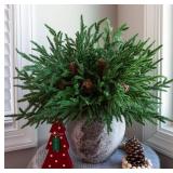 HyeFlora 12PCS Christmas Norfolk Pine Stems, Real Touch 17 Inches Artificial Norfolk Pine Branches with 5 Big Pinecone Stems Faux DIY Greenery Pine Picks Plastic for Indoor Outdoor Home Decor