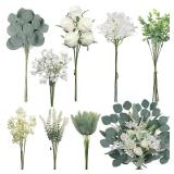 VIERENA Artificial Greenery Stems Box Set(Pack of 75pcs) with 8 Kinds of Faux Plants and Fake Flowers for DIY Wedding Bouquet Table Centerpieces and Floral Arrangement (White&Green)