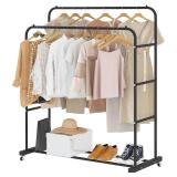 Laiensia Double Rods Clothing Rack with Wheels, Garment Rack for Hanging Clothes, Multi-functional Bedroom Clothes Rack, Black