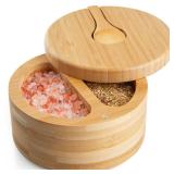 Bivvclaz Large Salt Spice Box with Swivel Lid Bamboo Salt Cellar with Lid and Spoon, 2-Compartment Salt Pepper Bowls for Salt & Spices, Salt Container Holder for Sea Salts, Dual 6 oz