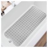 TEESHLY Extra Long Non-Slip Bath Mat with Drain Holes and Suction Cups, 39 x 16 Inch Mat for Bathtub and Shower, Machine Washable (Clear Grey)