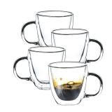 Wlasss Espresso Cups Set of 4, 6oz /170ml Double Walled Glass Coffee Mugs, Clear Hand Blown Insulated Espresso Shot Glass Cups with Handle, Suit for Espresso Machine