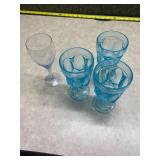 3 Baby Blue Pedestal Goblets Glasses and 1 Translucent Blue Tear Drop Cocktail Glass