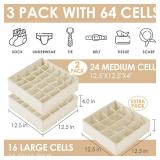 Criusia 3 Pack Sock Underwear Drawer Organizer Dividers, 64 Cell Fabric Foldable Cabinet Dresser Closet Organizers and Storage Boxes for Organizing Socks, Underwear, Ties (16+24+24 Cell, Beige)