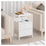 Furologee End Table with Charging Station, Nightstand with Fabric Drawers, Side Tables with USB Ports & Outlets, Night Stand with Storage Shelf & Hooks, for Living Room/Bedroom, White