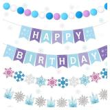 Fanfanwin 5 Pcs Snowflake Happy Birthday Banner Blue Snowflake Banner with Felt Snowflake Castle Decorations Winter Holiday Party Decorations Holiday Banner for Birthday Party Christmas