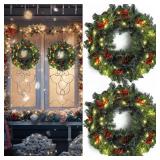 2 Pcs 20 Inch Pre Lit Christmas Wreaths Lighted Xmas Wreath Artificial Christmas Outdoor Wreath with LED Lights, Pine Cones, Berry Clusters for Holiday Wall Front Door Christmas Party Decor