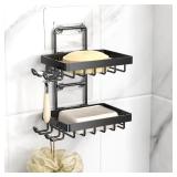 Moforoco Double Soap Bar Holder for Shower, No Drilling, 304 Stainless Steel, Wall Mounted Soap Holder with 4 Hooks and Razor Holder, Shower Rack Soap Tray Bar Soap for Bathroom Accessories Organizer