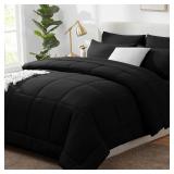 CozyLux Full Size Comforter Sets - 7 Pieces Bed in a Bag Set Black Comforter Full Size, Bedding Sets with All Season Quilted Comforter, Flat Sheet, Fitted Sheet, Pillowcases, Black, Full