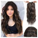 MORICHY Hair Toppers for Women 20inch Long Wavy Hair Toppers Hair Pieces for Women Synthetic Wiglets Hair Topper with Bangs Clip in Hair Toppers for Thinning Hair Chocolate Brown with Highlights