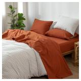 MooMee Bedding Sheet Set 100% Washed Cotton Linen Like Textured Breathable Durable Soft Comfy (Rust Brown, Queen)