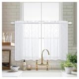 White Sheer Small Curtains 30 Inch Length for Bathroom Windows Set 2 Panels Rod Pocket Diamond Geometric Embroidered Pattern Semi Privacy Linen Texture Lace Cafe Tier Short Curtains for Kitchen Sink