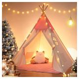 besrey Teepee Tent for Kids with Padded Mat & Light, Kids Tents Indoor Playhouse, Large Kids Tipi Tent, Christmas Play Tent for Toddler Boys Girls, Foldable Portable Toddler Reading Tent