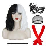 FOVER Halloween Costume Wig for Cruella Deville Costume Women with Accessories Natural Cute Synthetic Wigs for Cruella Costume Halloween FE018BW