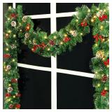 ATDAWN 9 Foot Christmas Lighted Garland, Battery Operated Christmas Garland with Lights, Pre Lit Garland Wreath with Pine Cones for Indoor Home Winter Holiday New Year Xmas Decorations