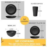 Teivio 24-Piece Kitchen Plastic Coupe Wheat Straw Dinnerware Set, Service for 6, Dinner Plates, Dessert Plate, Cereal Bowls, Cups, Unbreakable Unique Plastic Outdoor Camping Dishes, Black