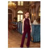 GRACE KARIN Red Jumpsuit For Girls Size 12-14 Sequin Halter Shinny Formal Costume Teen Romper Outfits