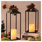 MATAHUM Lanterns Decorative Indoor & Outdoor, 17" 13" Set of 2 Black Christmas Vintage Lantern with Flameless Candle, Modern Farmhouse Lantern Decor for Room, Garden, Mantle, Christmas Home Decor