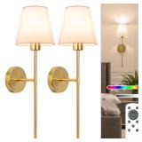 NIORSUN Battery Operated Wall Sconce Set of 2,Gold Rechargeable Wall Lights with 5200mAh Dimmable Detachable Bulbs and Remote,10 Colors Wireless Sconces for Bedroom Living Room Hallway