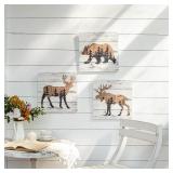 NIKKY HOME Cabin Wall Decor, Bear Deer Moose Rustic Farmhouse Wooden Bathroom Wall Art Pictures, Country House Elk Animal Woodland Lodge Wildlife Painting Prints Hunting Decoration Set of 3