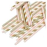 KTOJOY Biodegradable Paper Straws, 25 Pink Straws/Gold Straws for Party Supplies, Birthday, Wedding, Bridal/Baby Shower Decorations and Holiday Celebrations