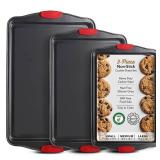 Baking Sheet Set, 3-Piece Cookie Sheet Set with Silicone Handles, Steel Baking Pans Set, Durable Baking Sheets for Oven, BPA Free Cookie Sheets for Baking Nonstick Set, Sheet Pan - Black Baking Pan