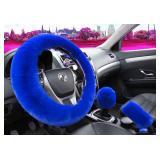 Dotesy 4 Pcs/Set Fluffy Faux Wool Car Steering Wheel Cover & Furry Auto Center Console Cover & Gear Shift Knob Cover & Handbrake Cover Universal Warm Winter (Blue)