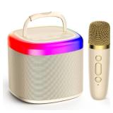 JYX Mini Karaoke Machine for Kids - Beige Bluetooth Speaker with Party Lights and 1 Wireless Microphone, Great for Kids and Adults, Ideal for Family Home Parties and Birthday