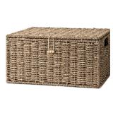 StorageWorks Seagrass Wicker Baskets for Organizing, Large Wicker Basket with Lid, Decorative Basket with Built-in Handles, Storage Baskets for Shelves, 1 Pack