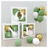 ONE Boxes for 1st Birthday Boy Decorations,30PCS Green Gold White Balloons and ONE Letters for First Birthday Decorations One Blocks for Boy Girl Baby Shower,Photo Shoot Prop,Table Centerpiece