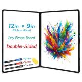 iNenya Double-Sided Whiteboard - Portable, 12" x 9" Dry Erase Boards with 3 Markers, Eraser and Stylish Red Elastic Pen Tray for Office, Education and Home (Black)