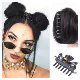 BASEMMAHER 2Pcs Mini Claw Clip in Messy Cat Ears Bun Hair Piece, Space Hair Bun Extensions Synthetic Donut Curly Wig Chignon Hair Bun in Hairpieces Accessory for Women Girls (Wavy - Natural-Black)