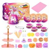 Auney Tea Party Set Toys for Girls, Tin Unicorn Tea Set Pretend Play Girls Toys Gifts for Little Girls Age 3-6, Kids Girls Toys Gifts for Tea Party Including Tea Set Carrying Case (New Unicorn)