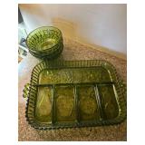 MCM Olive Green Relish Tray and 3 bowls