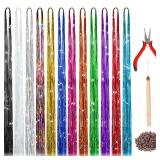 FEBSNOW 47 Inches Tinsel Hair Extension with Tool 12 Colors 2400 Strands Hair Extension Tinsel Kit Glitter Hair Extensions for Women Girls Hair Accessories for Christmas New Year Cosplay Party Retail 