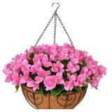 Artificial Fake Fall Hanging Flowers Plants Basket for Outdoor Autumn Decor, Faux Silk Bougainvillea Flowers in Planter Look Real UV Resistant Faux Flowers Arrangement for Porch Home Patio Garden, Red