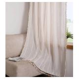 RoomTalks Boho Beige Curtains for Bedroom Living Room 84 Inch Length French Country Modern Farmhouse Cotton Window Curtain Panels Embroidery Striped Bohemian Tassel Draperies, 84L x 52W Retail