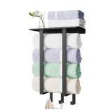 BETHOM Towel Racks for Bathroom, Towel Rack with Shelf & 3 Hooks, Towel Storage Holders Wall for Rolled Bath Towels, Black Retail $29.99