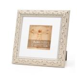 WYNCO 8x8 inch Distressed Wood Embossed Scroll Motif Vintage Antique Rustic Picture Frame, White Mat for 5x5 in Photo, Art Print Drawing, Wall Hanging or Desktop Display-Washed White Retail $18.42