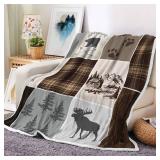 Bzhilja Cabin Rustic Throw Blankets, Bear Deer Country Hunting Wild Animal Lodge Cozy Warm Bed Couch Blanket, Plaid Check Adventure White Fleece Flannel Throws to Decorate The Room and Bedroom Retail 