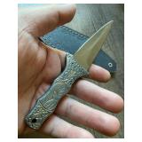 small dagger double edge D2 steel 6.5 inch total length metal handle leather sheath