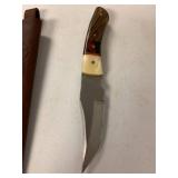 D2 steel knife blade full tang bone, resin, and wood handle with leather sheath aprox 7.5 inch handmade 32940