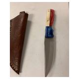 D2 steel knife blade full tang bone and wood handle with leather sheath aprox 8.5 inch handmade 32941