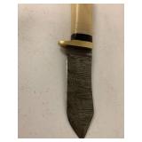 Damascus steel knife blade bone handle with leather sheath aprox 8 inch handmade 32946